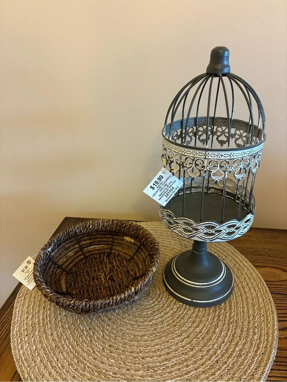 Hobby Lobby Decor Set of 2 Charcoal Gray/White Birdcage & Dark Brown Tray/Basket